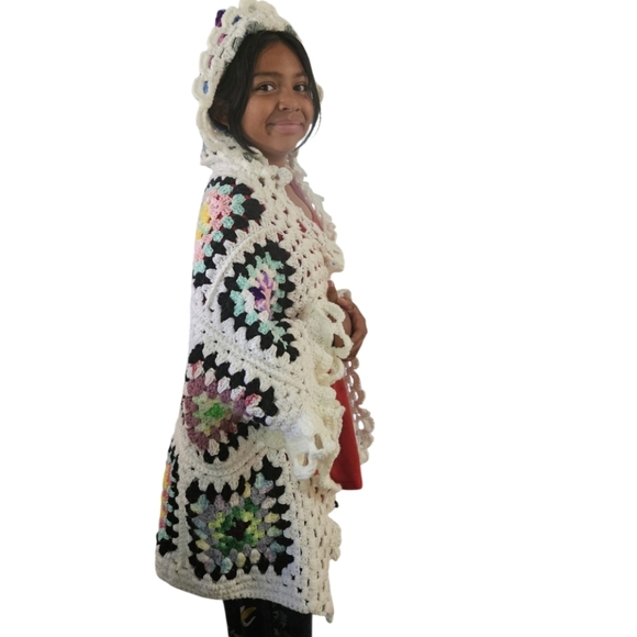 Hand Crafted Crochet Granny Square Cardigan open front Hooded Colorfull Sweater - Picture 15 of 17